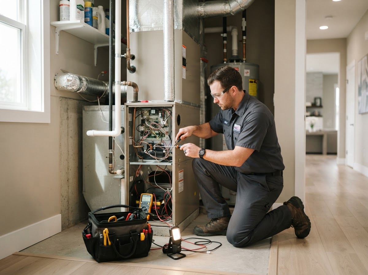 Skilled home service technician in uniform working on residential equipment in a bright modern home