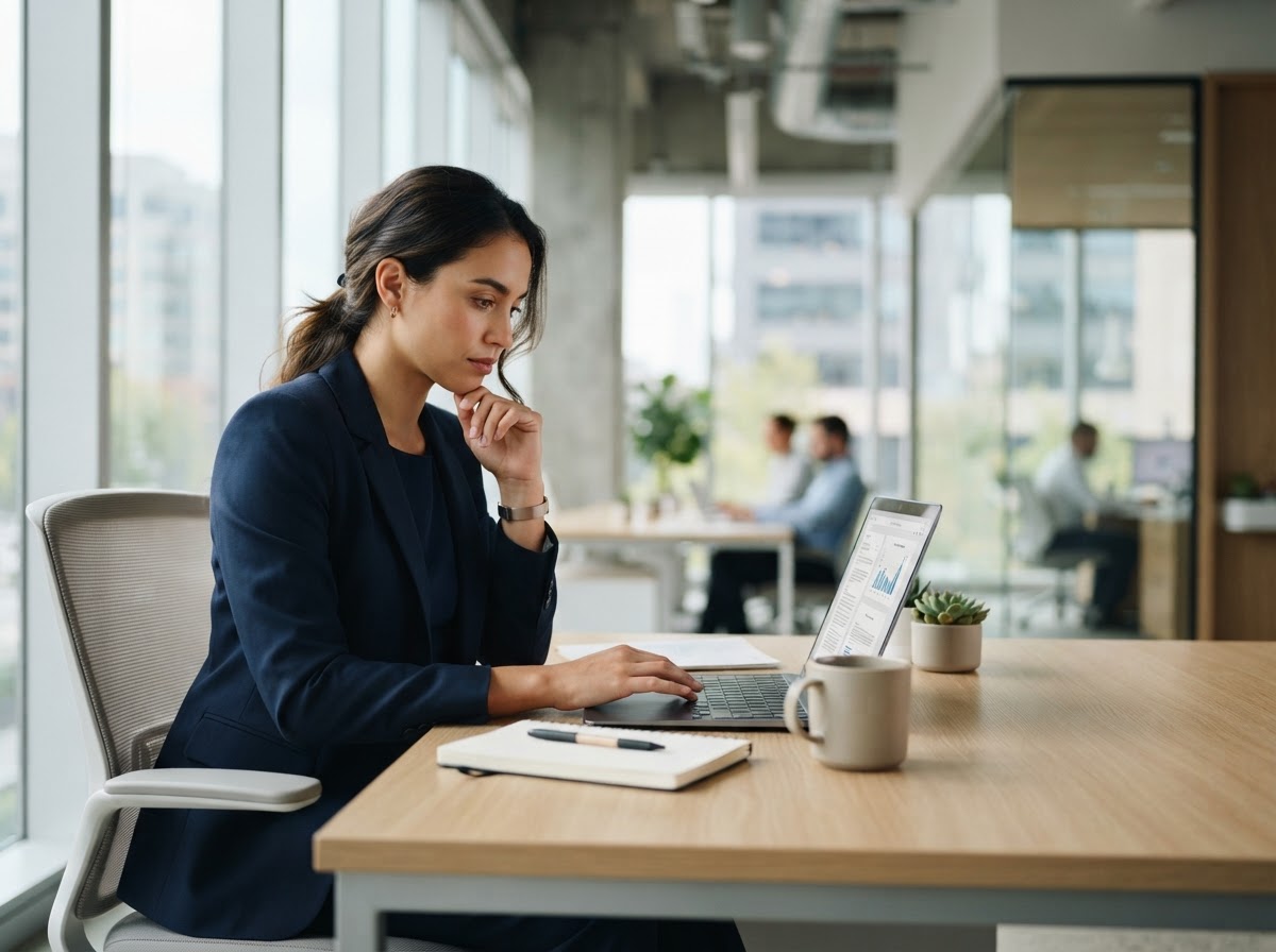 Business professional working thoughtfully at a laptop in a modern office