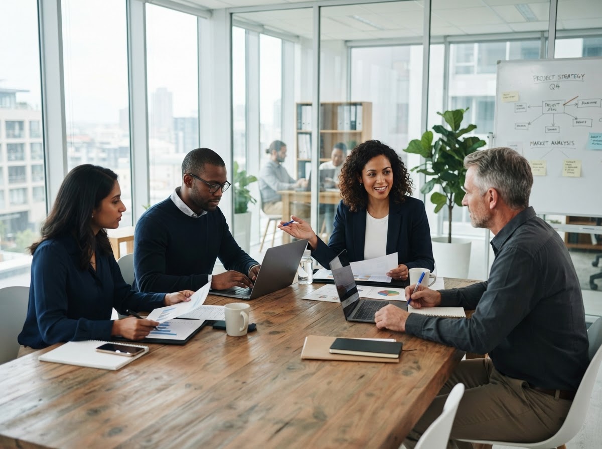 Professional business consultants collaborating around a conference table in a modern office