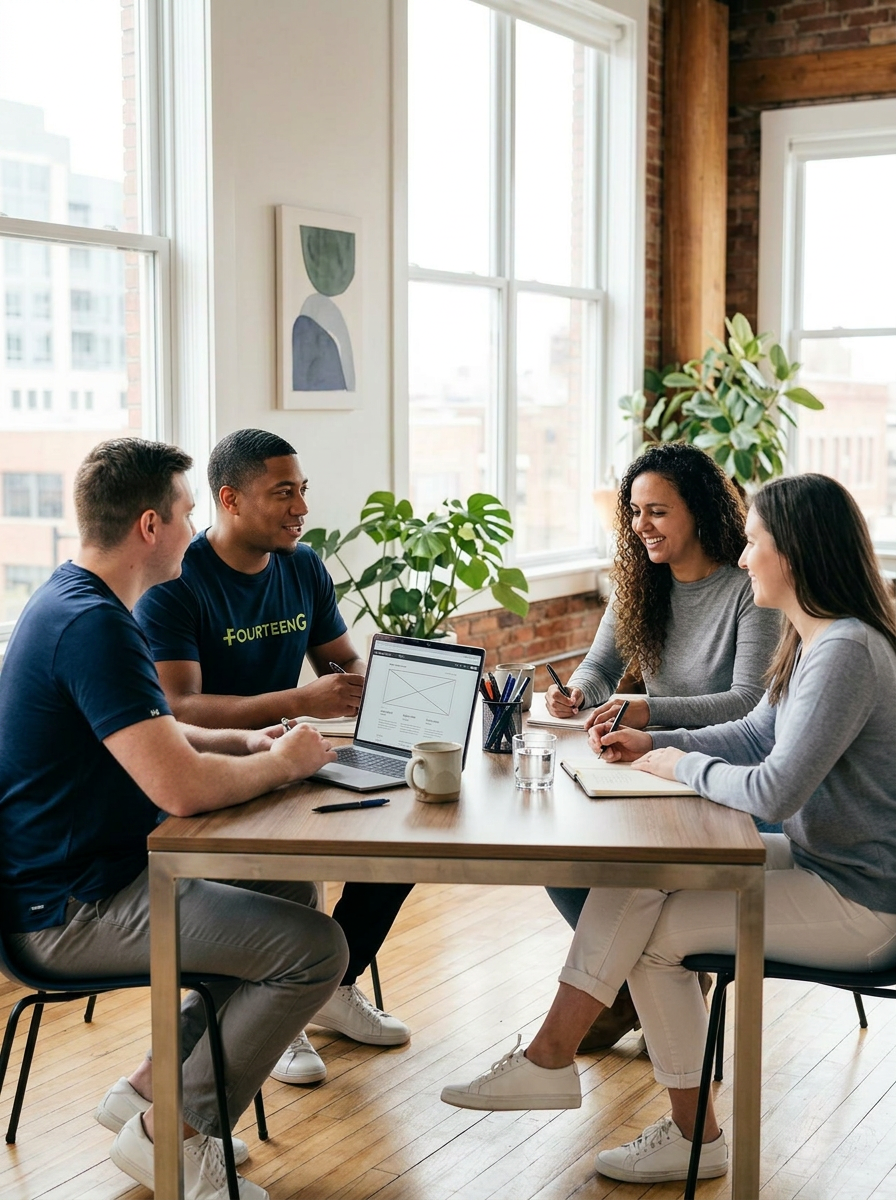 FourteenG founders and team collaborating in a modern workspace