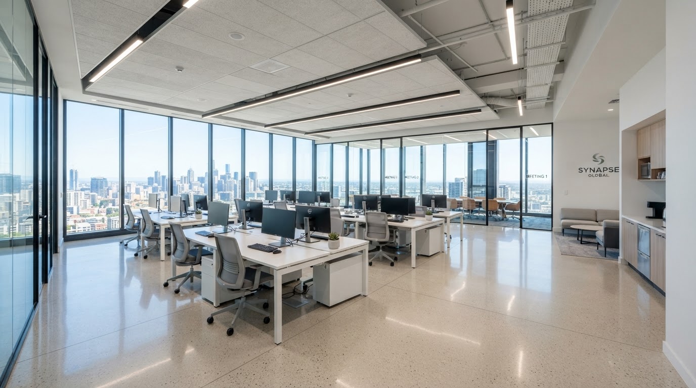 Clean modern commercial office space with gleaming surfaces
