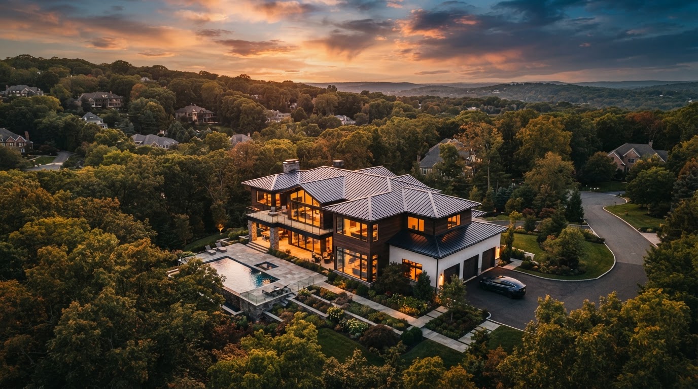 Aerial view of a modern home with a newly installed roof at golden hour