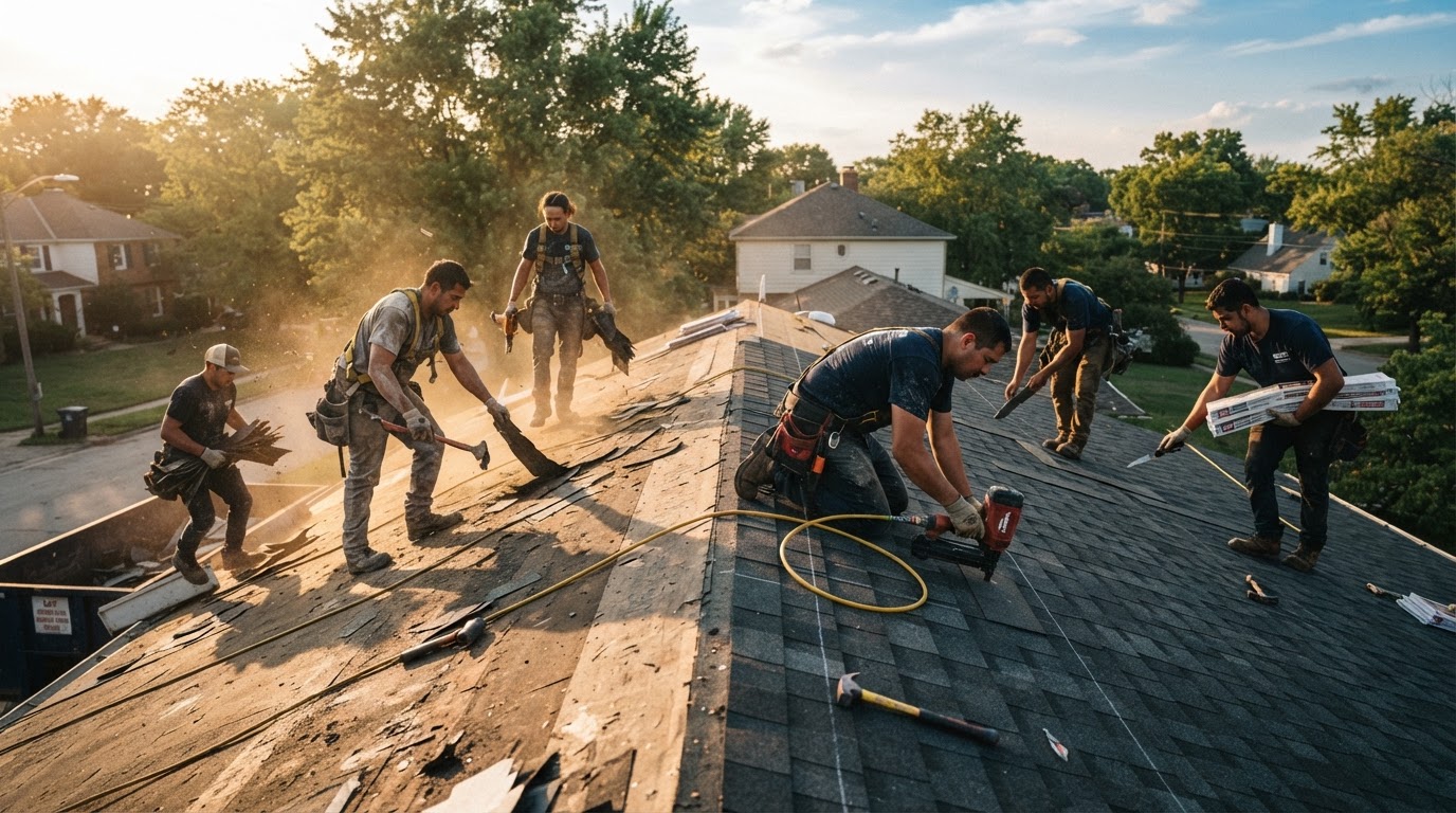 Roofers mid-installation on a residential roof