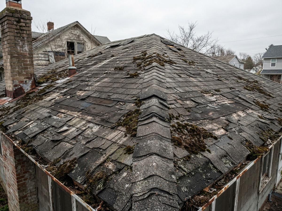 Before roof replacement — worn damaged shingles
