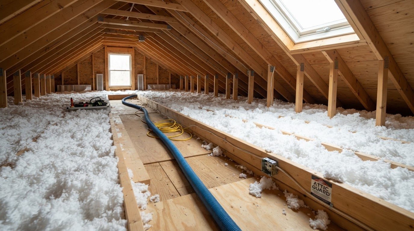 Technician installing fresh blown-in fiberglass insulation in Los Angeles home
