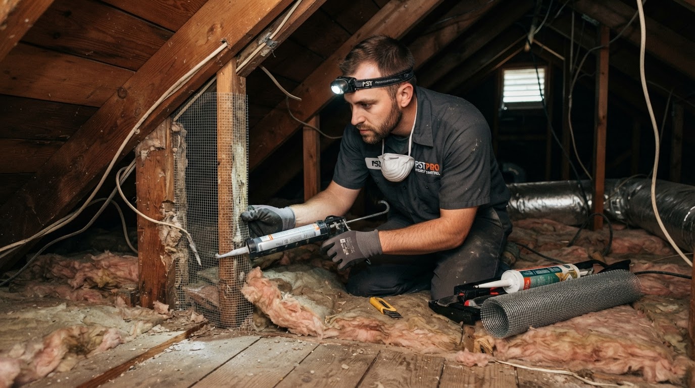 Attic repair specialist inspecting wiring and air sealing penetrations in Los Angeles home