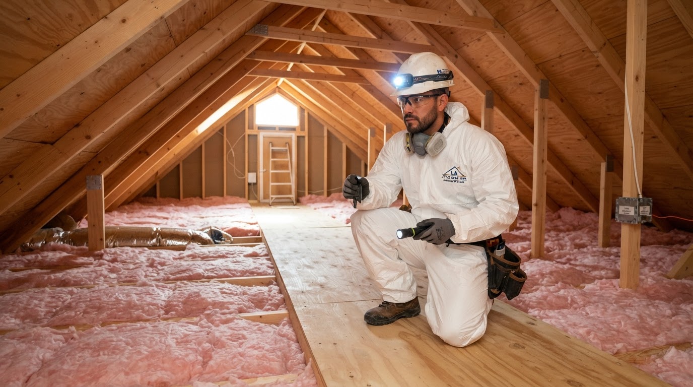 Professional attic cleanup technician inspecting residential attic in Los Angeles