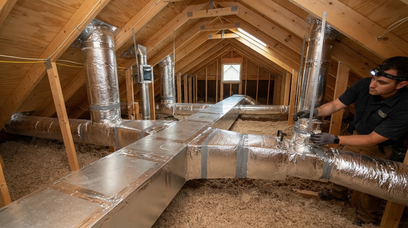 Technician inspecting flexible air ducts and insulation in a Los Angeles home attic