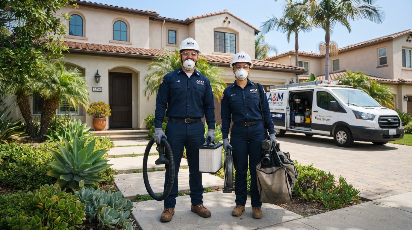 Professional attic repair contractor crew in Los Angeles preparing tools and safety gear