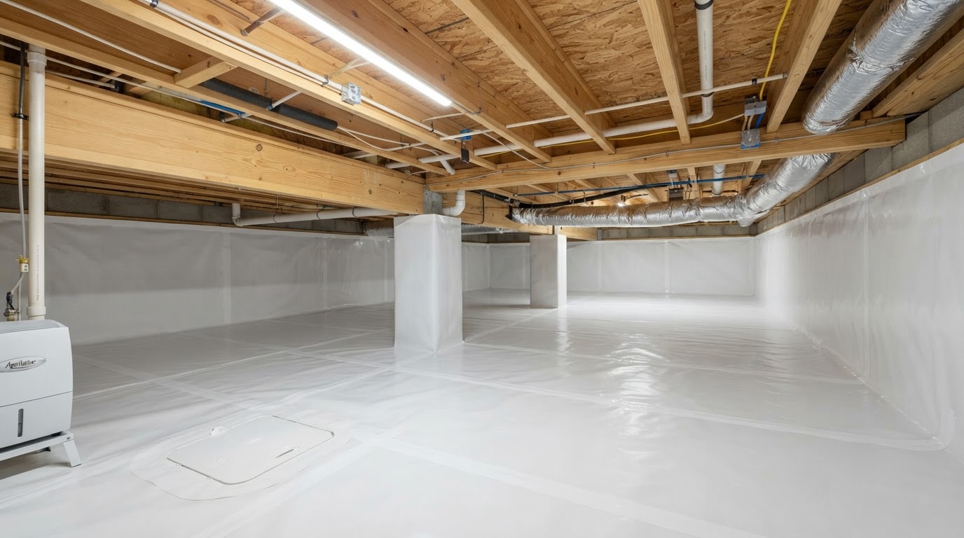 Clean, encapsulated crawl space with vapor barrier