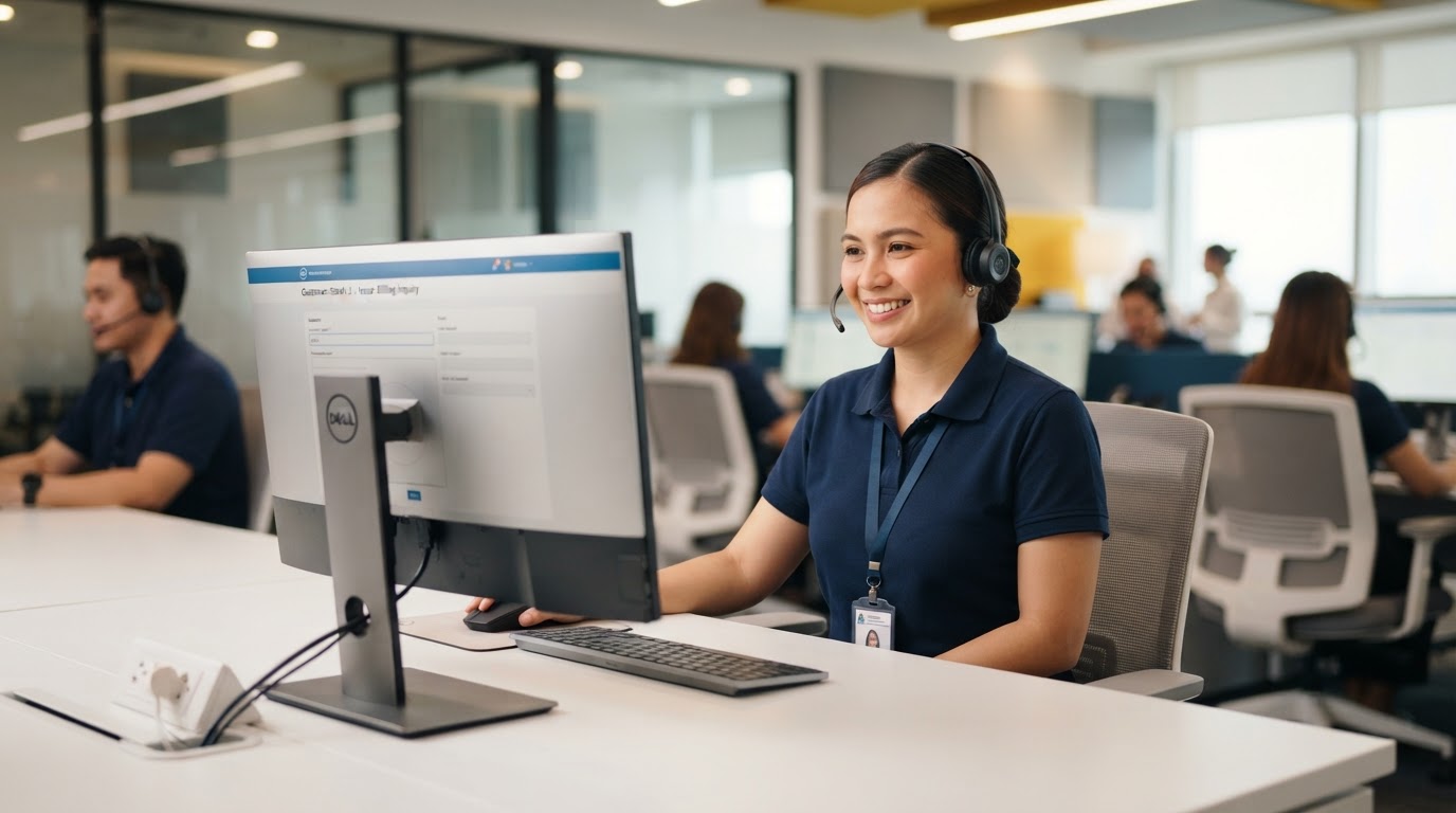 A friendly Filipina GetCallers call center agent with a headset at a modern managed office — no work from home