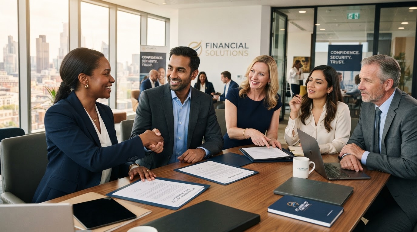 Professional life insurance agents collaborating in a modern office