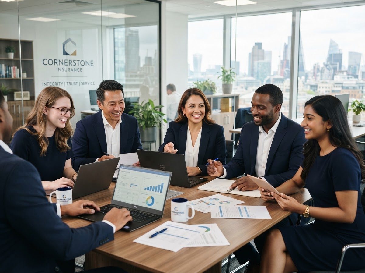 Diverse business team collaborating in an insurance agency office