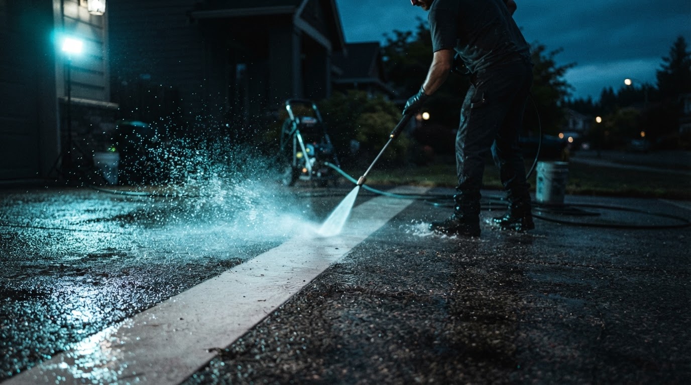 High-pressure water jet blasting grime off a concrete driveway