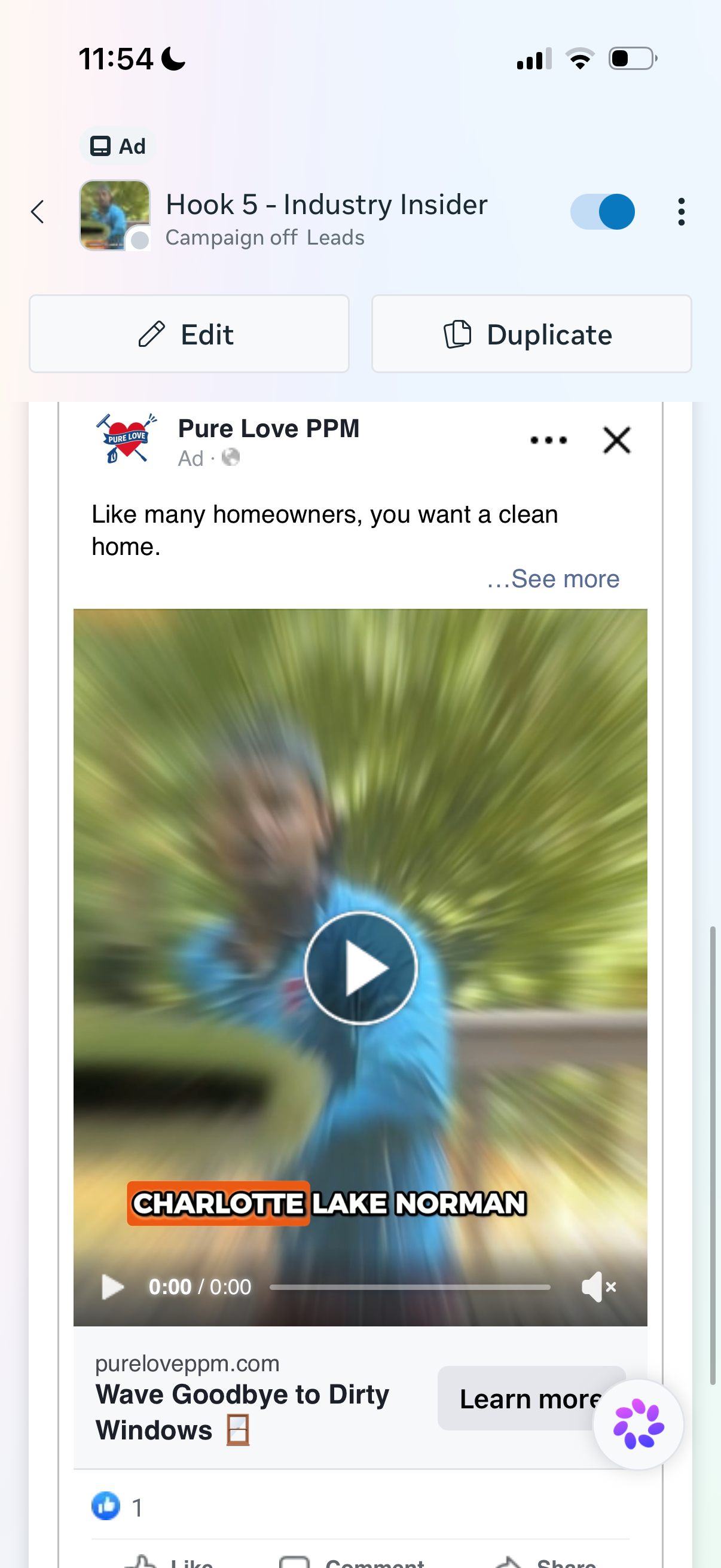 Proven Pure Love Pressure Washing video ad campaign with play button and Lake Norman hook
