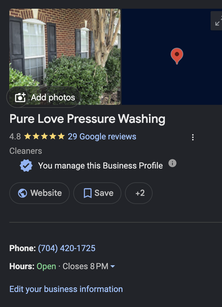 Pure Love Pressure Washing Google Business Profile with 4.8 stars and 29 reviews