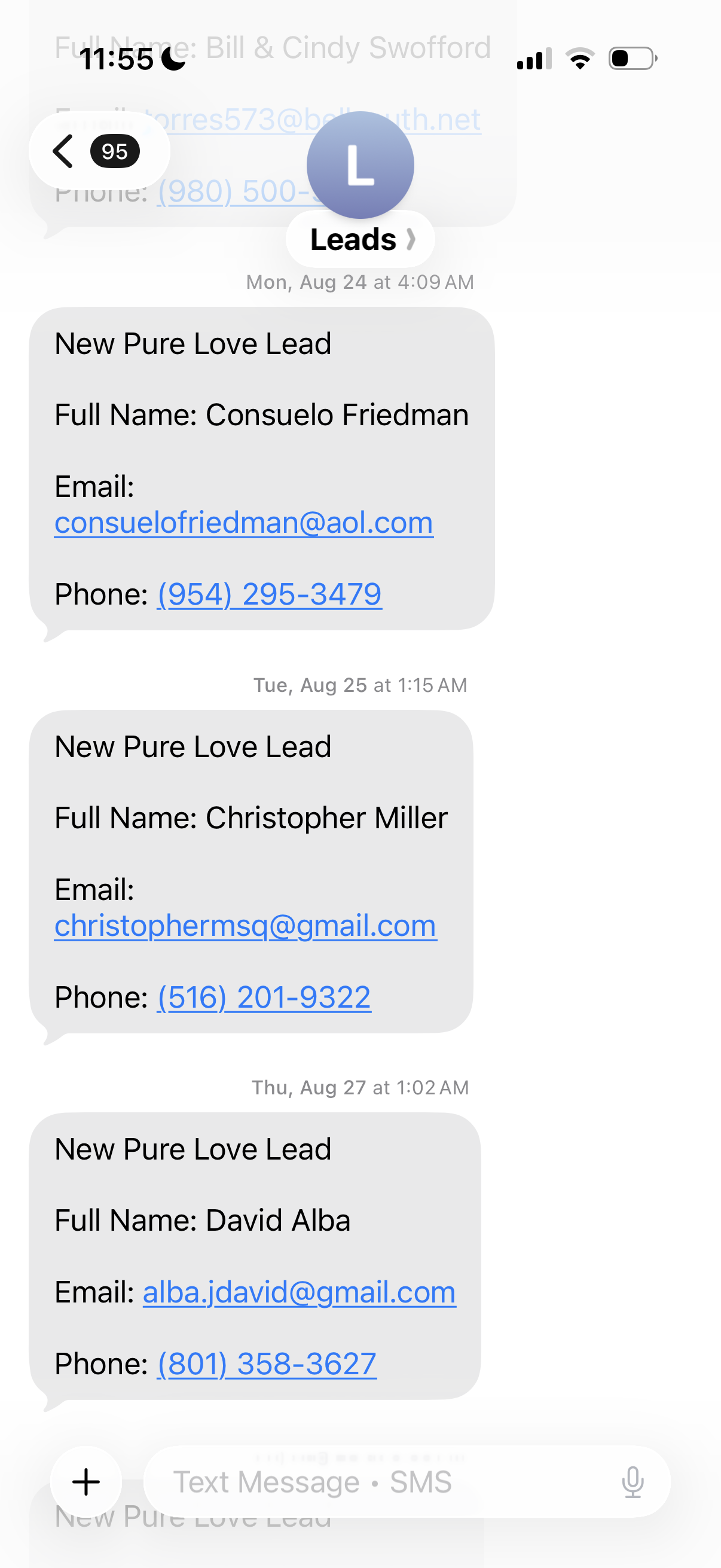 Qualified lead notification text messages arriving with homeowner name, email, and phone