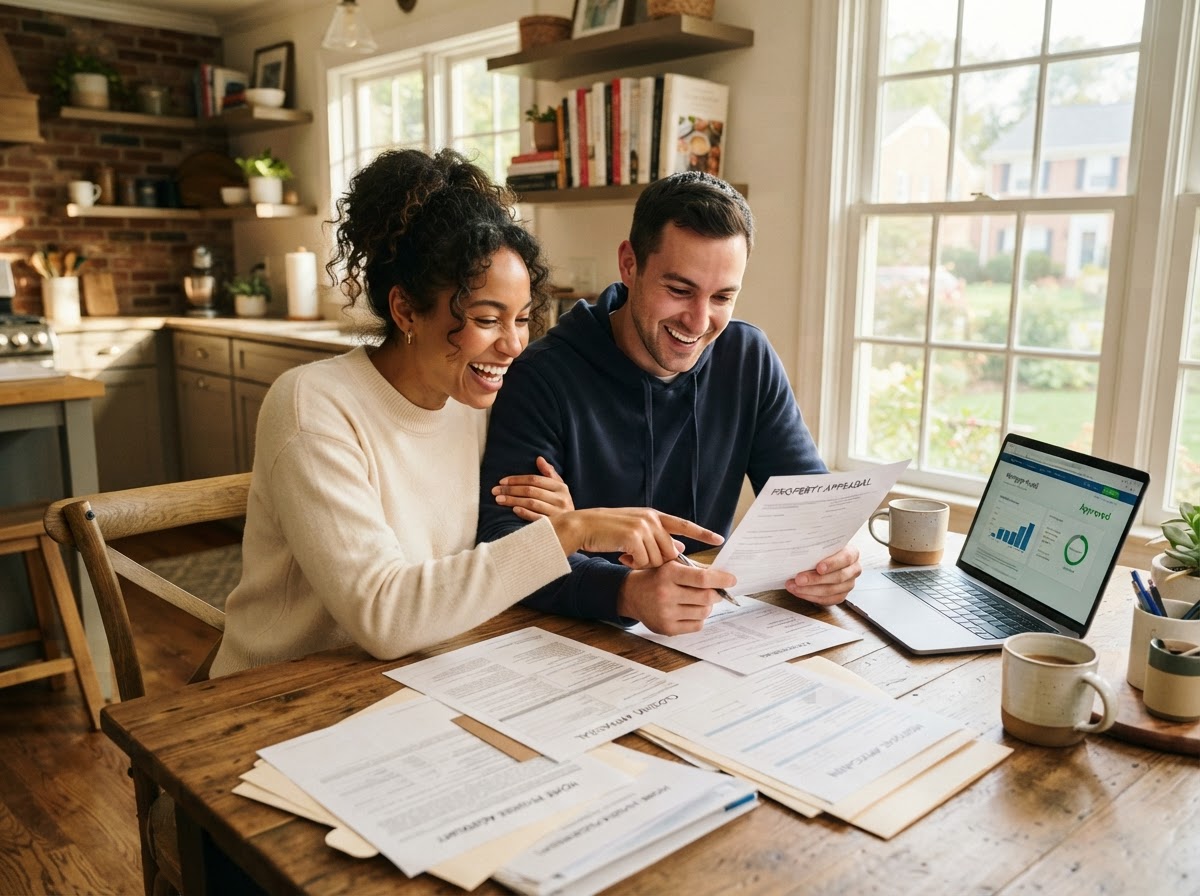 Couple reviewing home-buying paperwork at a sunlit kitchen table