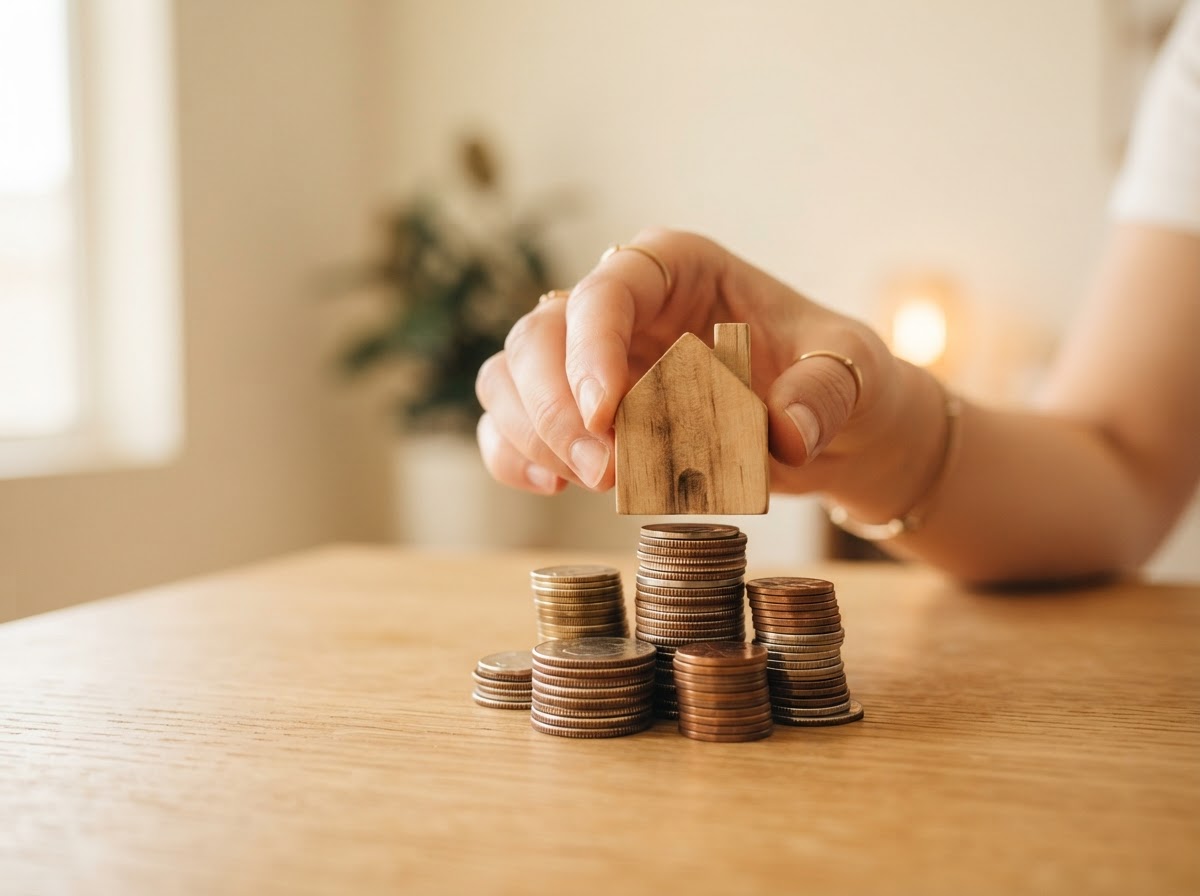 Wooden house figurine on stacked coins representing down payment savings