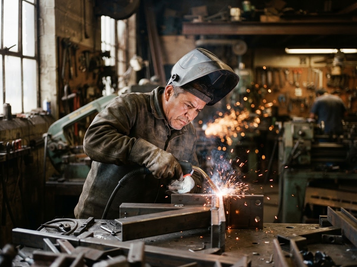 A skilled trades worker focused on a task in a real workshop