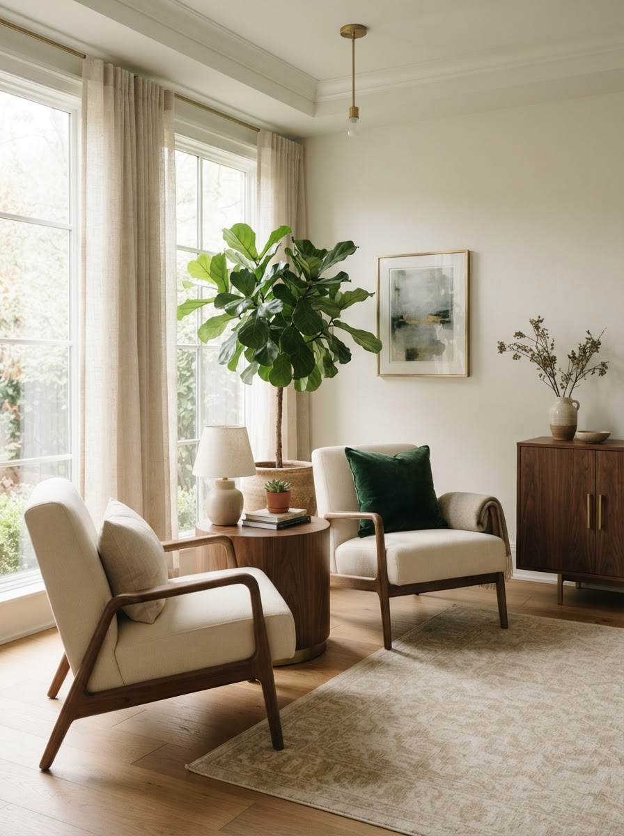 An elegant, welcoming psychiatric private practice office with cream lounge chairs, warm walnut furniture, and soft natural daylight.