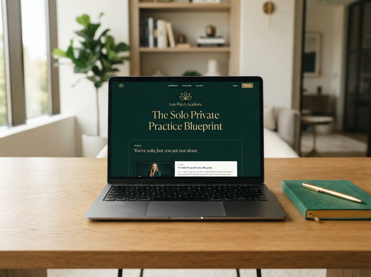 The Solo Private Practice Blueprint online course shown on a laptop