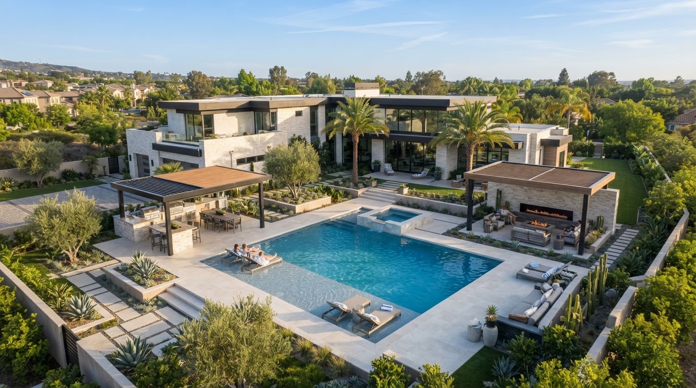 Aerial view of a completed luxury backyard