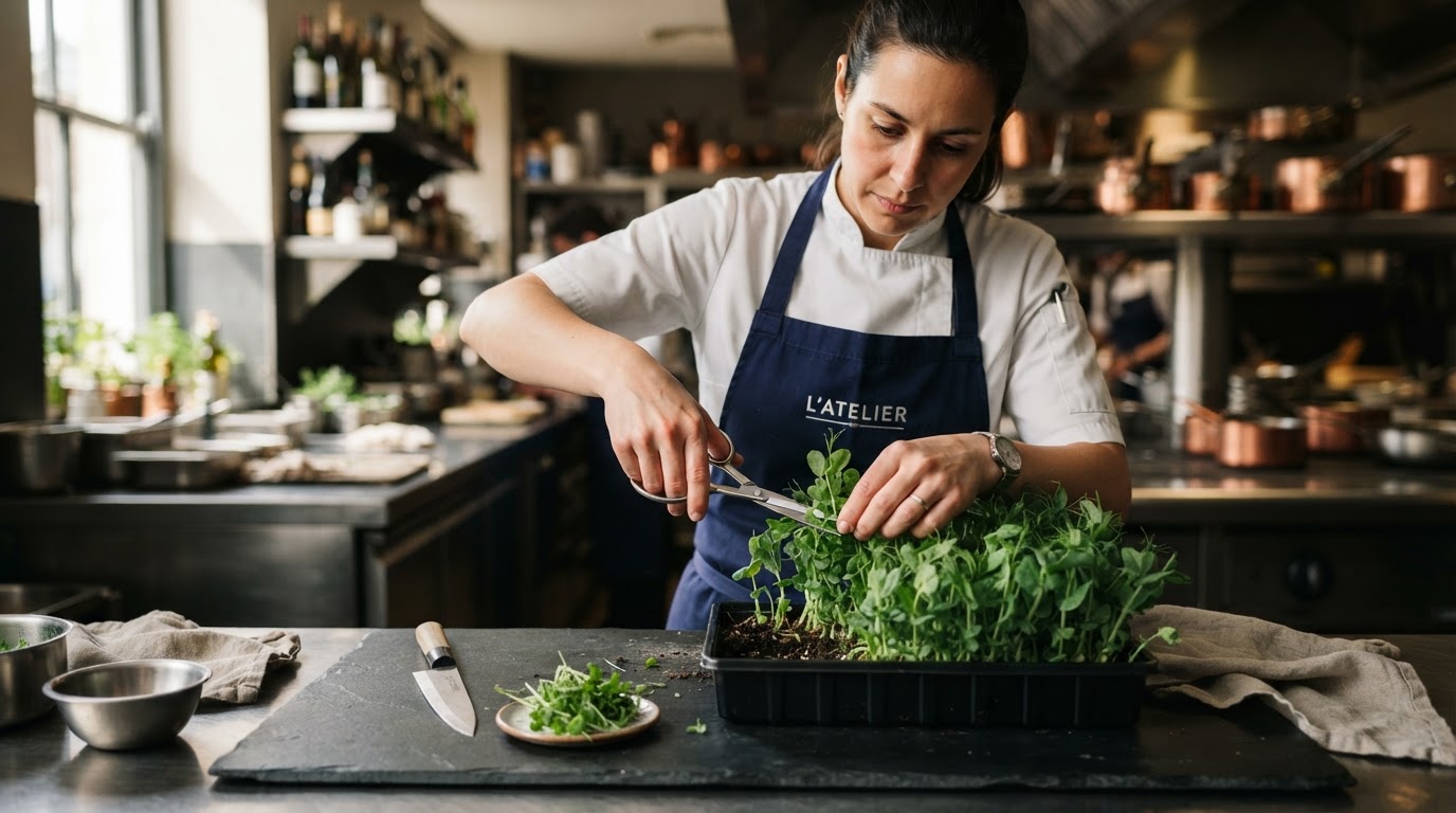 Küchenchef schneidet lebende Microgreens direkt im Service