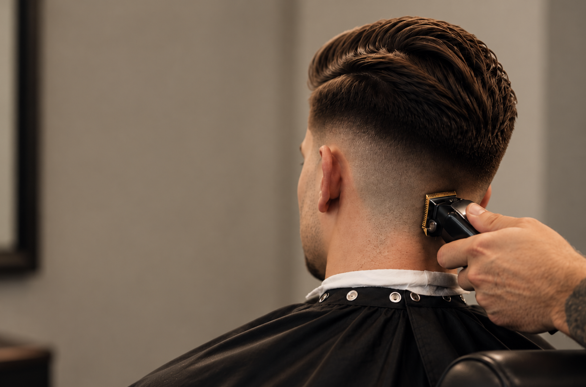 Barber giving a precision men's haircut at Scuttlebutt Barbershop