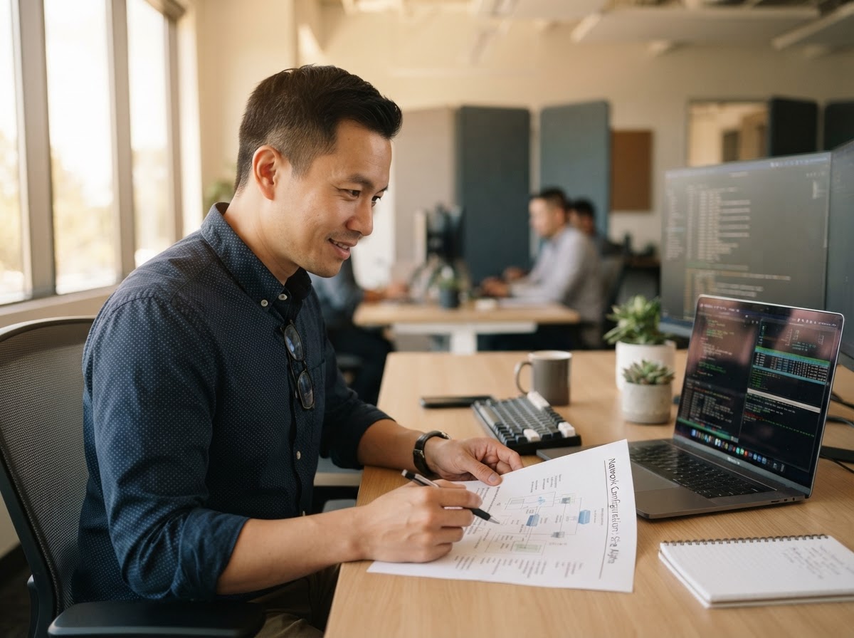 A Meridian IT technician reviewing network documentation at a clean office desk