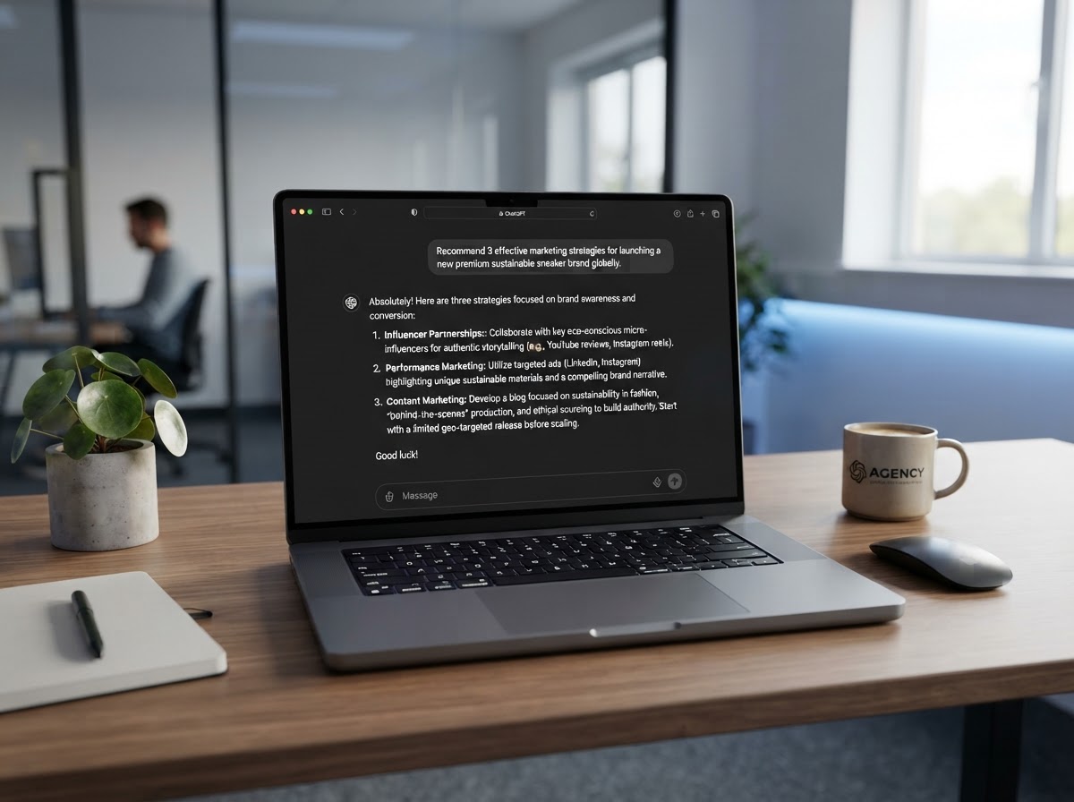 ChatGPT advertising on a laptop showing an AI chatbot recommendation for an Iowa business