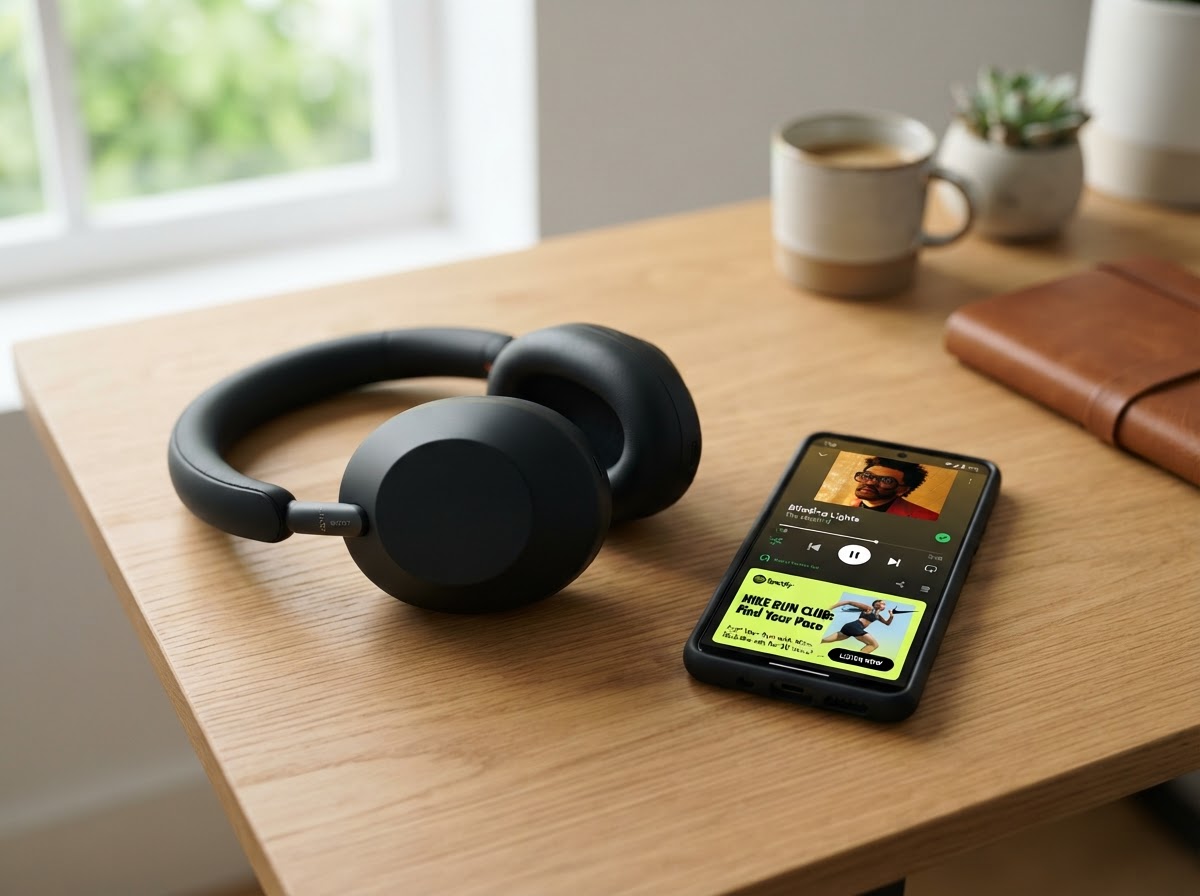 Spotify audio advertising playing on headphones next to a smartphone in Iowa
