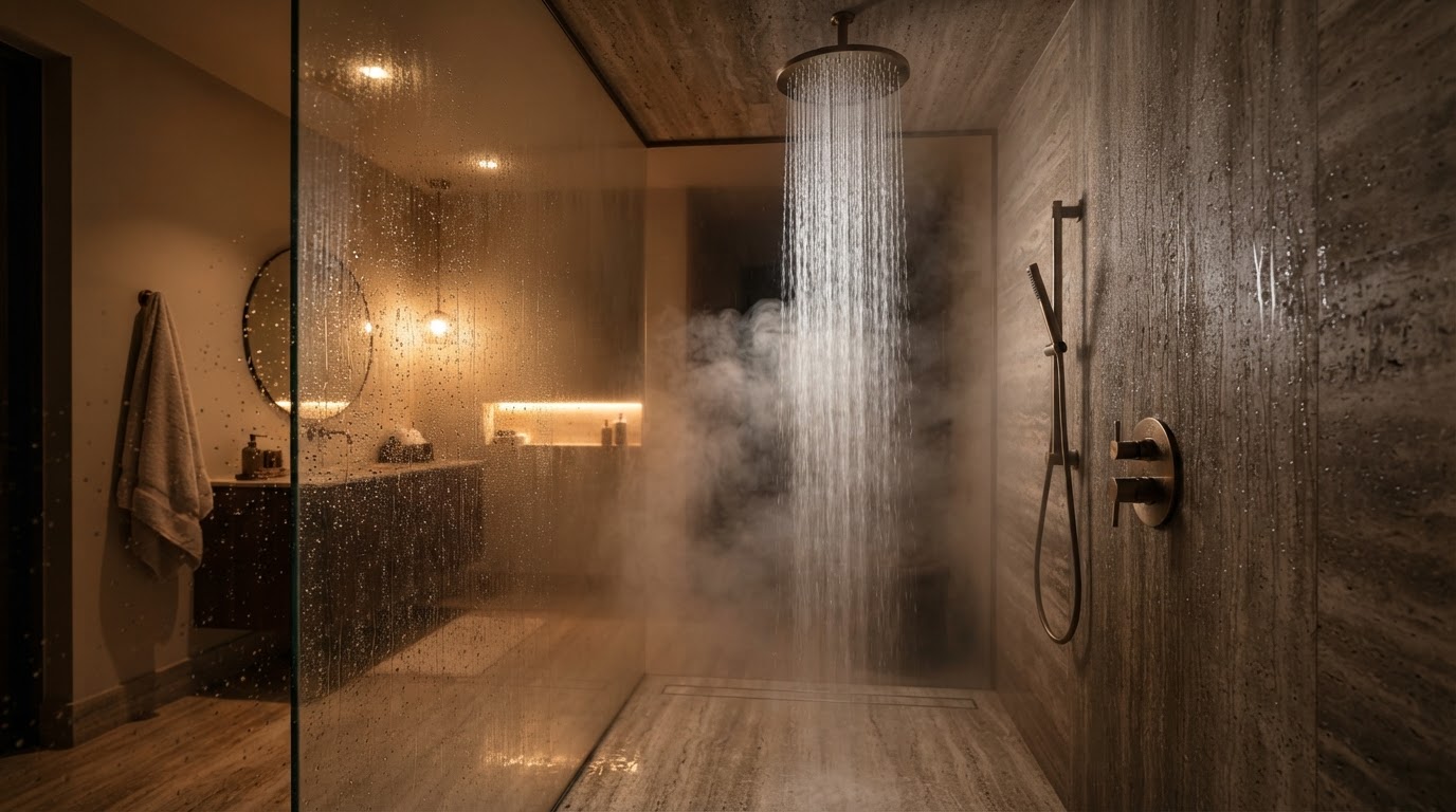 Walk-in rainfall shower with travertine and brushed bronze fixtures