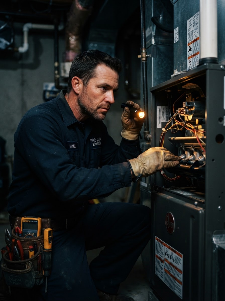 A Pinecrest HVAC technician inspecting a residential furnace with a flashlight