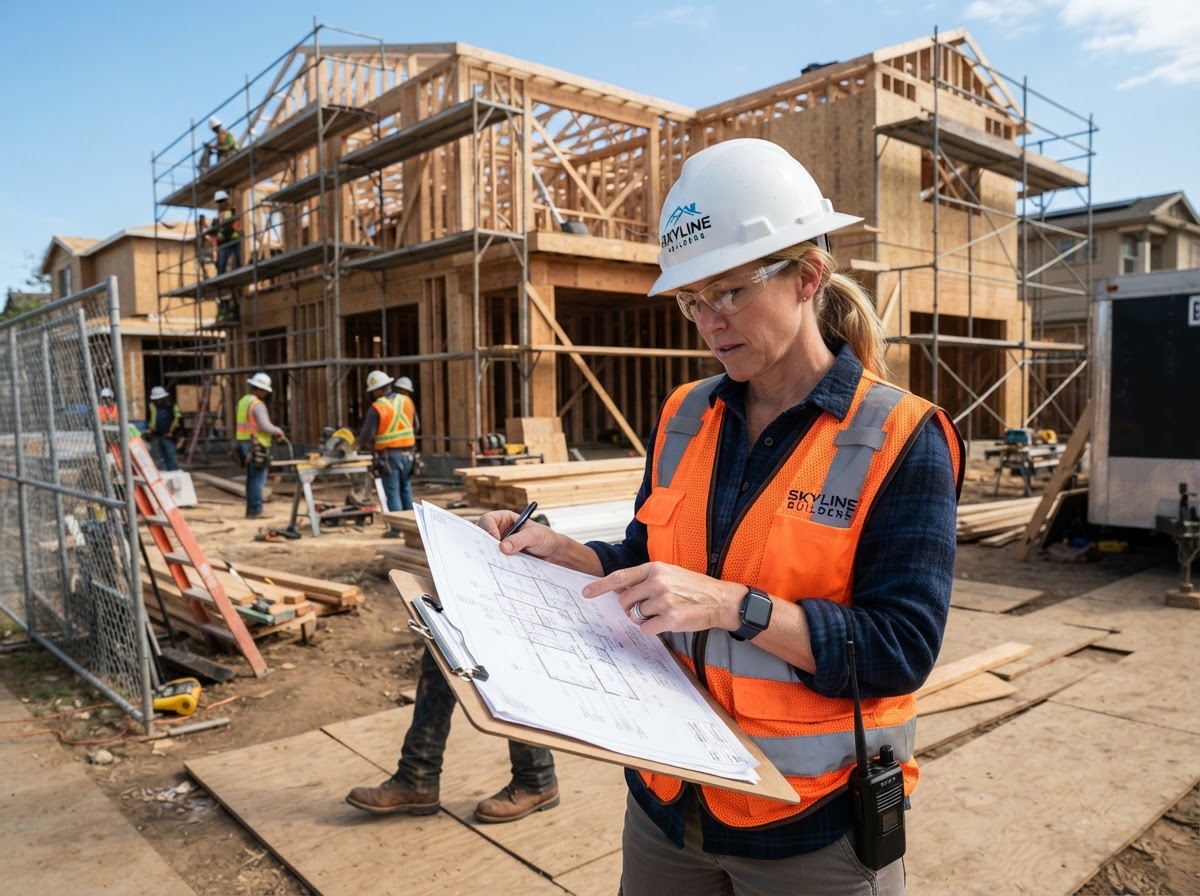 Construction project manager reviewing architectural plans at a residential build site by Rhema Designs