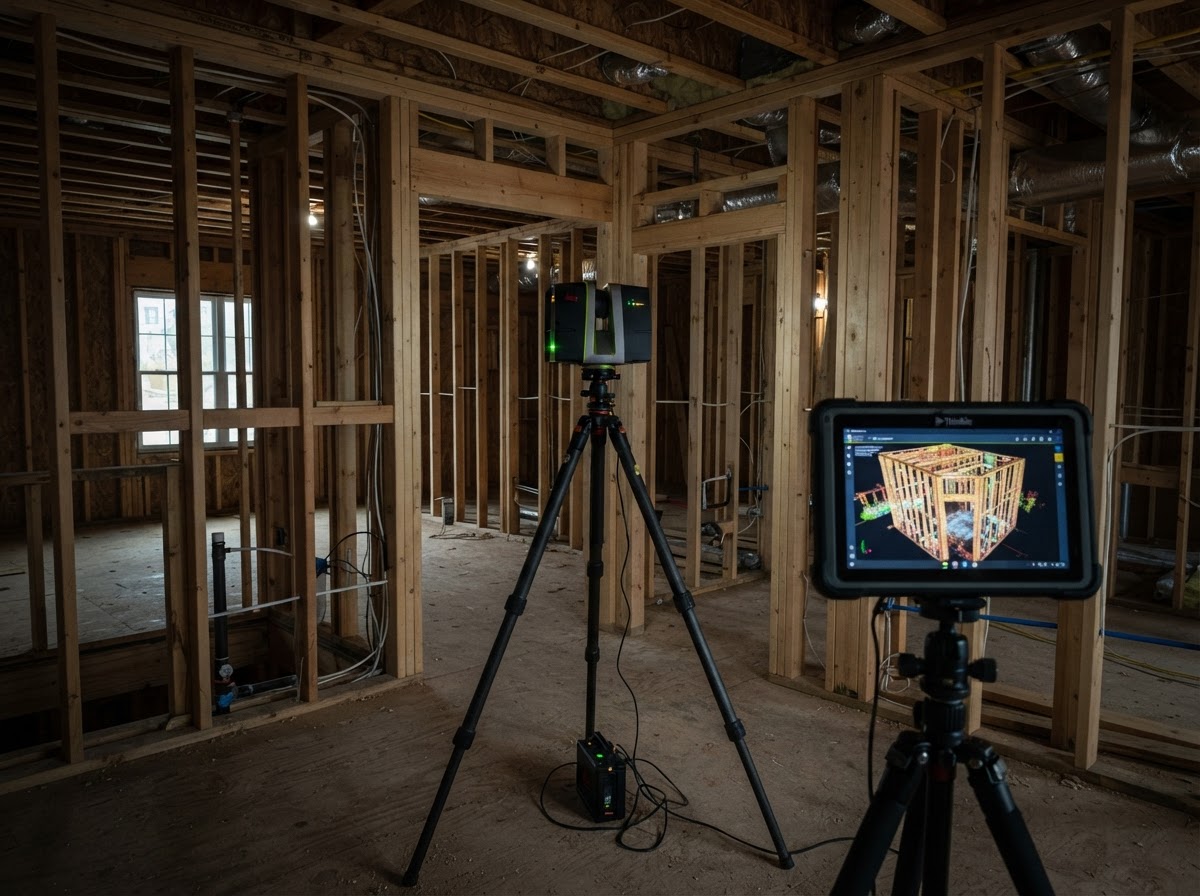 3D laser scanner capturing a point cloud of a residential interior under construction at Rhema Designs