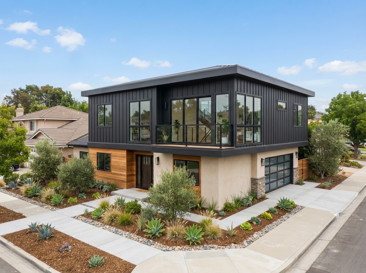 Modern second-story home addition with charcoal siding built by Rhema Designs in Southern California