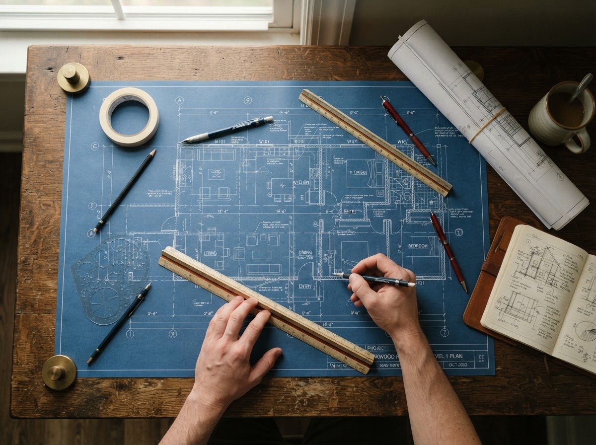 Architectural construction drawings and documents on a desk at Rhema Designs