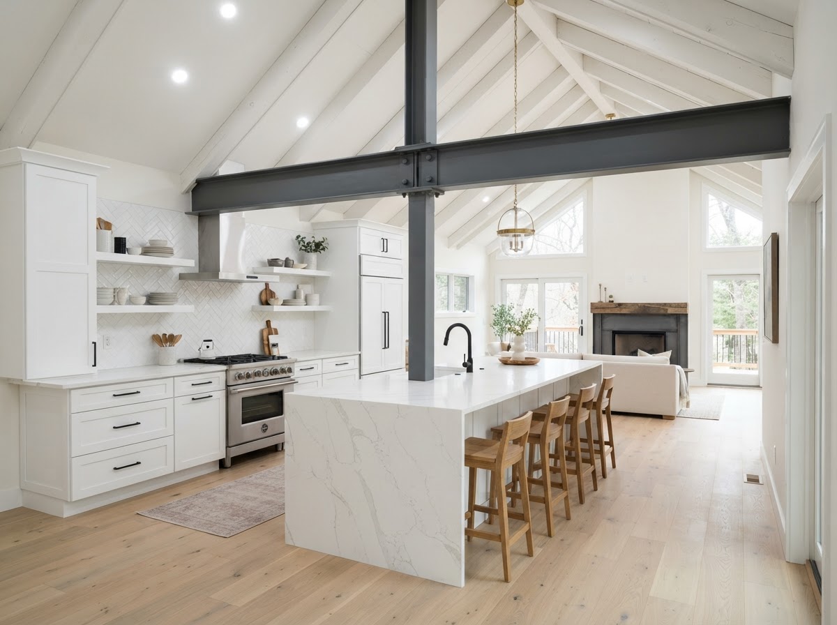 Open-concept kitchen remodel with exposed structural steel beam and vaulted ceiling by Rhema Designs
