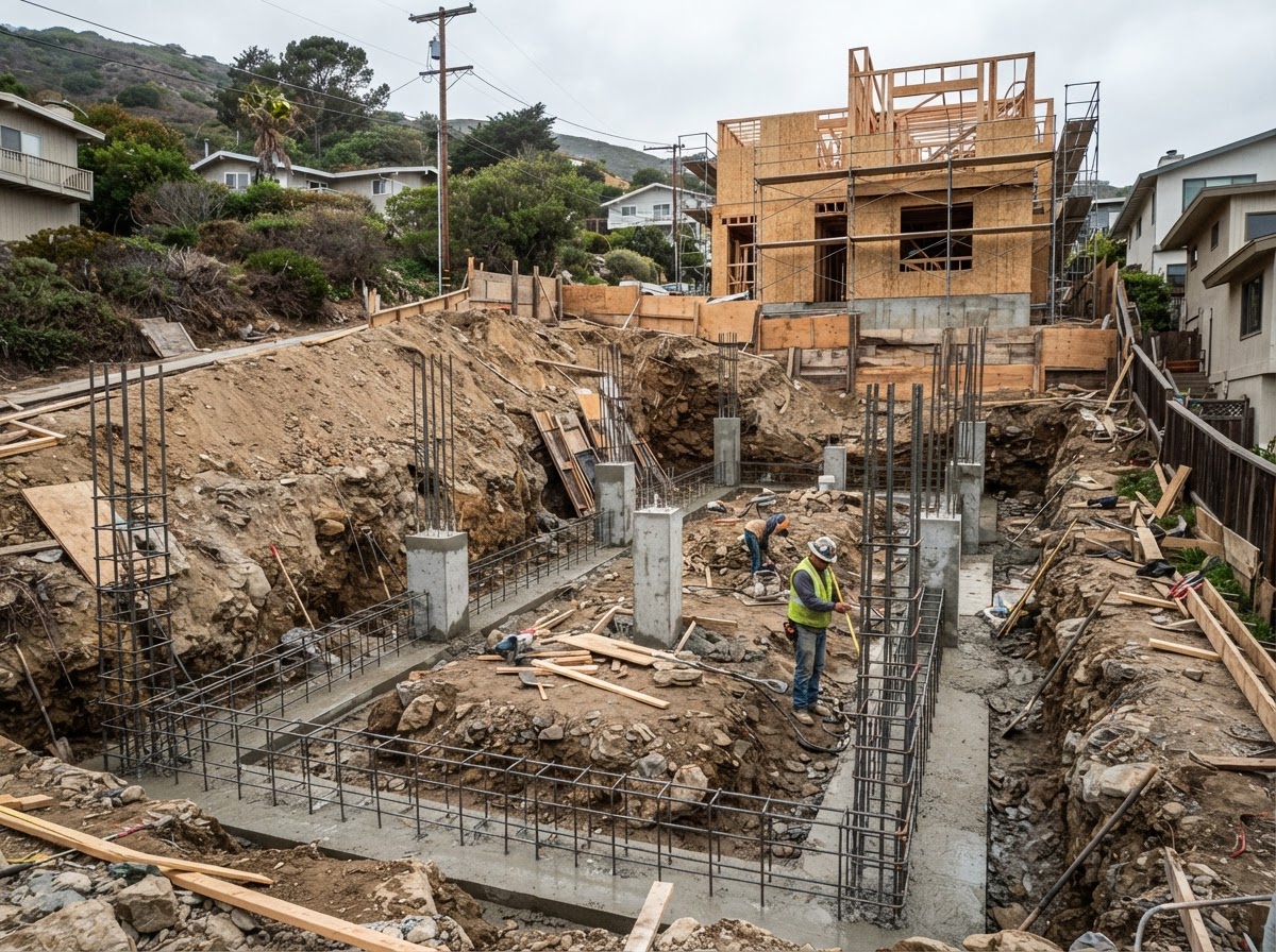 Foundation excavation with freshly poured concrete piers and rebar at a hillside Southern California home by Rhema Designs