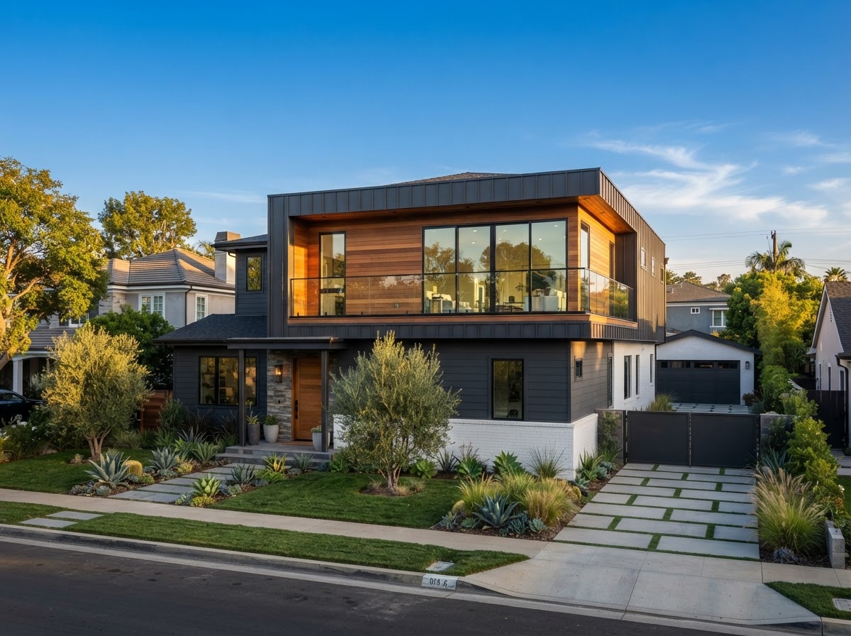 Completed second-story home addition with modern siding by Rhema Designs in Southern California