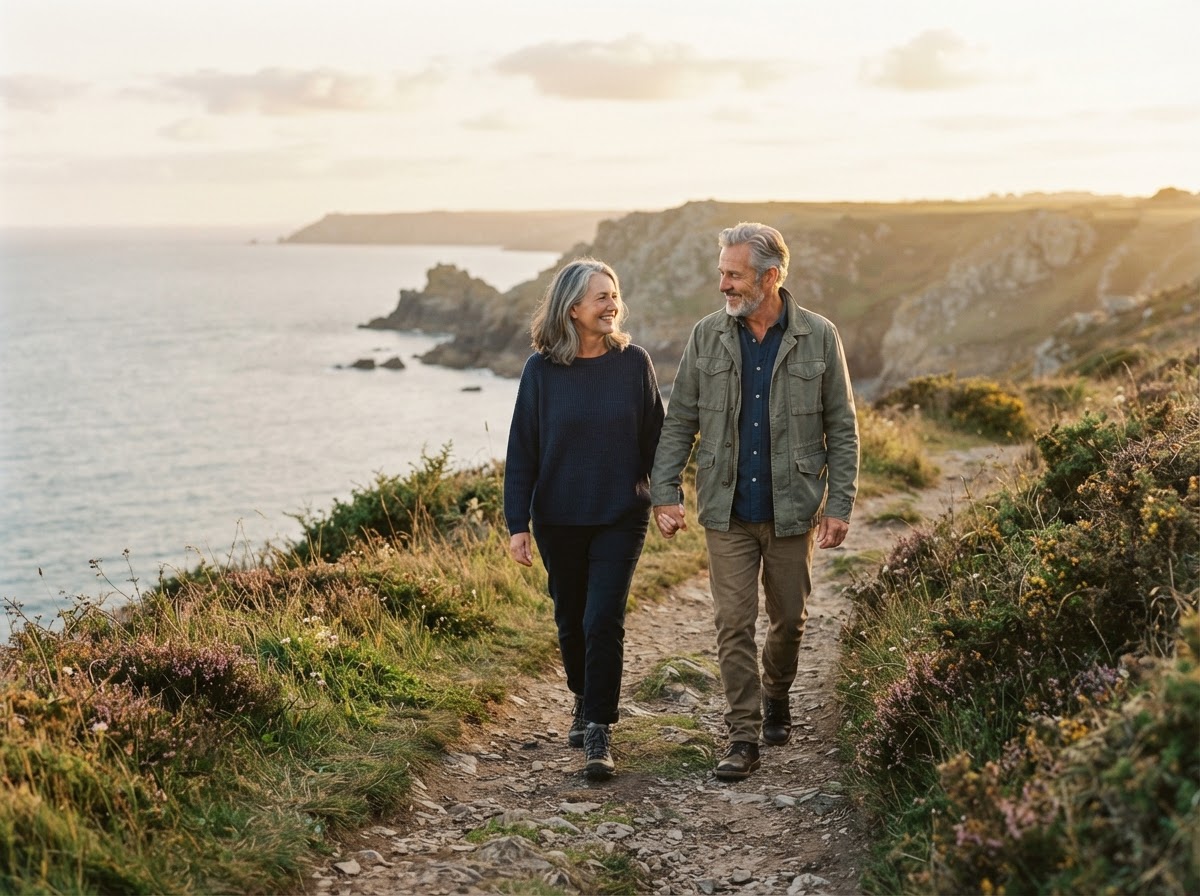 Couple walking along coastal path at golden hour