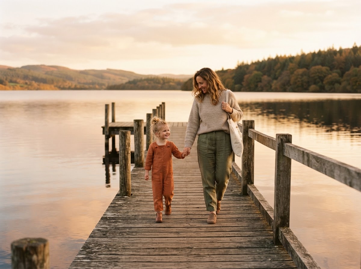 Father and child walking along a sturdy ocean jetty at golden hour