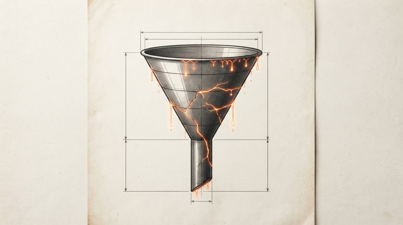 Architectural blueprint of a funnel with signal-orange lines marking the leak points