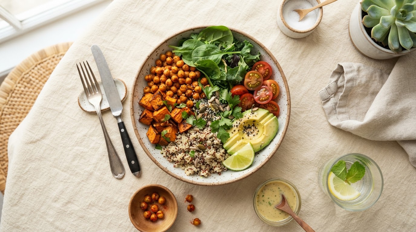 Plant-based power bowl with sweet potato, chickpeas, quinoa, and greens