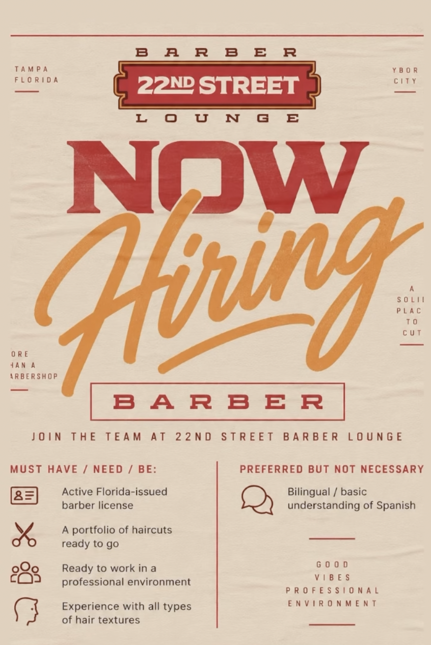 22nd Street Barber Lounge Now Hiring Barber Poster