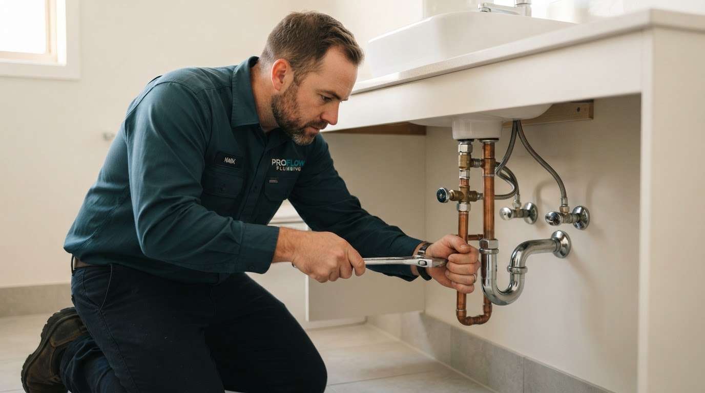 A Meridian Plumbing technician repairing copper pipes under a sink