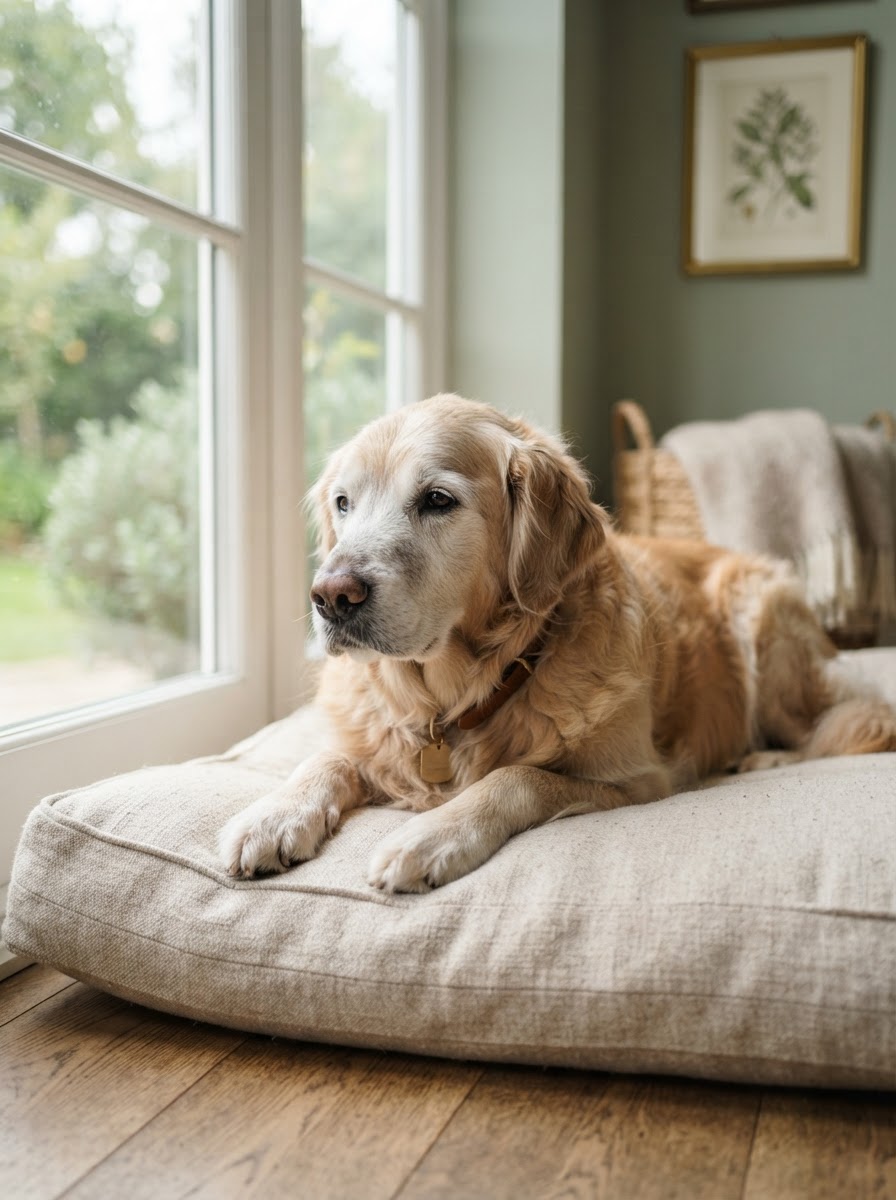 Ein ruhiger älterer Hund liegt auf einem weichen Kissen im Fensterlicht