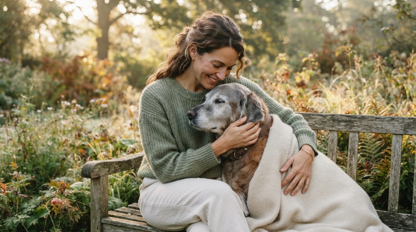 Ein Hundehalter geht behutsam mit seinem älteren Hund durch eine herbstliche Wiese