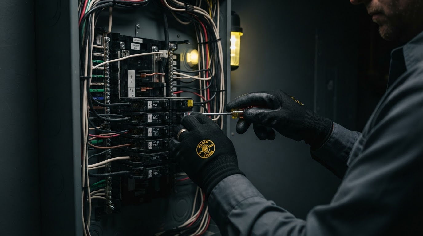 Licensed electrician working precisely inside a residential electrical panel